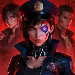 a cyberpunk portrait of an angry policewoman with a robotic eye, alita battle angel, by rutger van de steeg, kishiro yukito, and alphonse mucha, trending on artstation, scary red dramatic lighting, blade runner, ghost in the shell, cyberpunk 2 0 7 7, pinterest