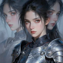 female warrior, lovely delicate face, sophisticated armor, godly eyes, close - up shots of faces, oil painting, passion, bravery, intricate armour costumes, light and shadow effects, intricate, digital painting, art station, concept art, cold tones, sharp focus, morandi color scheme, sharply shaped, illustration, art by makoto shinkai and lois van baarle