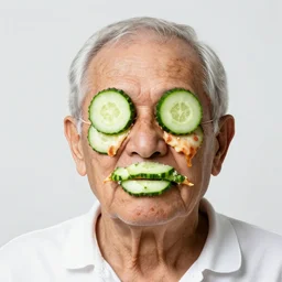 an elderly man wearing a mask made from cucumber pizza, bold natural colors, national geographic photography, masterpiece, 8 k, raw, unedited, symmetrical balance