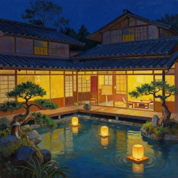 painting of night time intimate traditional onsen by teahouse floating lanterns by artgerm mullins rutkowski mucha without people bonsai zen garden warm inn traditional japanese architecture concept art fantasy octane raytracing vivid color indirect light artstation