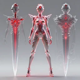 a full body character design by artgerm, cushart krenz, greg rutkowski and alphonse mucha. sci - fi dagger. laser red and translucent plastic tape project show attctive showgirl!! sci - fi helmet!! sharp edges. ultra clear detailed. contour light effect!! 8 k. ultra detailed, elegant, intricate, octane render.
