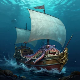 biology sea monster sailing ship deep dark sea, highly detailed, digital painting, smooth, sharp focus, illustration, artstation