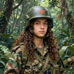 an extremely detailed matte painting of a ridiculously good looking mimi mathy that looks like a jewish gigachad in the vietnam war, wearing a ballistic helmet from patton, long curly hair, camouflaged gear, very detailed, jungles of vietnam beautiful, intricate, cinematic, artstation, william bouguereau, alphonse mucha, greg rutkowski, stanley kubrick, octane render