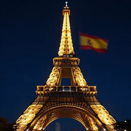 night photo of the eiffel tower illuminated by the spanish flag