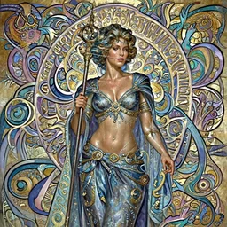 Halle Berry as a good sorceress , passionate , seductive, sweaty,  intricate dressed in ornate blue robes and staff, insatiable, intricate,  highly detailed, digital painting, artstation, concept art, smooth, sharp focus, illustration, Unreal Engine 5, 8K, art by artgerm and  greg rutkowski and alphonse mucha
