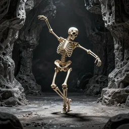a skeleton dancing without a care, artistic photography, f stop, iso, gray dungeon background, very realistic