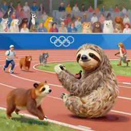 a sloth, in a 1 0 0 m race against animals, at the tokyo olympics, with animals in the audience, in painting form