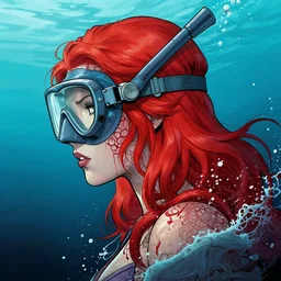 a profile photo of a  red head devil woman with a diving oxygen mask with side profile blood in ocean intricate details by MARVEL comics and Sandra Chevrier-C