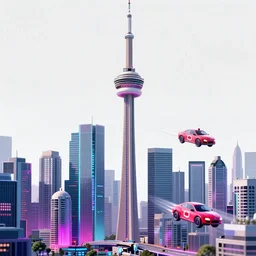 Neon cyberpunk cityscape including CN tower of Toronto Canada with flying cars and advertisement screens, Blender 3D, Unreal Engine, 8k, by Jordan Grimmer and Andrea Pozzo