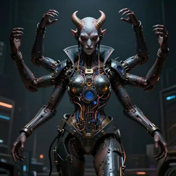 cyber punk demon with four arms,  dramatic lighting, very detailed, electrical details, high details, 4k, 8k, trending on artstation, by Hajime Sorayama and Paolo Eleuteri Serpieri