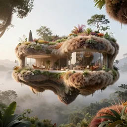furry roof villa architecture tufting nick cave gravity defying suspended garden of eden retreat poetic brutalist highly detailed optimistic future surreal octane flowing structure flowing wild hairy texture lush with colors and neutrals flowing architectural space trish anderson carpet hypertextture modernist hyper realistic lush abundant retreat octane render, misty, sunrise
