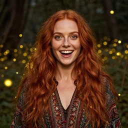 a totally amazed smiling pretty woman surrounded by golden firefly lights in a mesmerizing scene amidst nature, fully covering intricate detailed bohemian outfit, long loose red hair, precise linework, accurate green eyes, small nose with freckles, beautiful smooth oval head, expressive emotions, hyper realistic ultrafine portrait by artemisia gentileschi, jessica rossier, greg rutkowski, artgerm