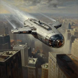 alien spaceship soaring between skyscrapers at great speed, highly detailed painting by rembrandt, dramatic scene