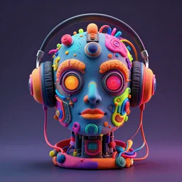 a claymodel of a dieselpunk rococo spaced out robot head wearing multicolored wires and headphone, 8 k, front view, symetrical, flourescent colors, halluzinogenic, multicolored, exaggerated detailed, front shot, 3 d render, octane