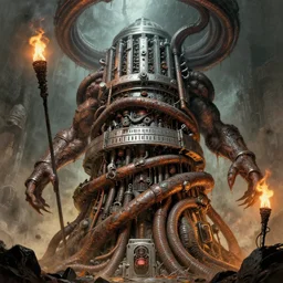 thick oil lines of 4 character, tiered turok son of stone comic cover with fission reactor, dystopian, by wayne d barlowe, h r giger, feng zu, enric torres, hyper realism, narrative light, muted colors, epic, hyper detailed, awe inspiring, award winning horror, torch lighting, hyper realism, cinematical