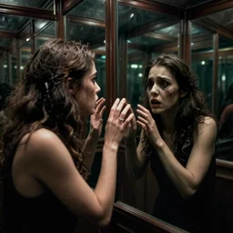 a beautiful woman is frightened by her ugly doppleganger in a mirror. she is in a long hallway of mirrors. haunting atmosphere, dimly lit, dark, horror style, realistic, 3 5 mm lens, low angle, 3 / 4 view.