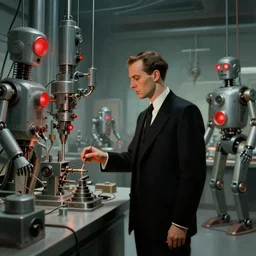 man in futurist 6 0 ´ s lab, machines and futurist robots, red lights, leyendecker style, boris vallejo style, black suit