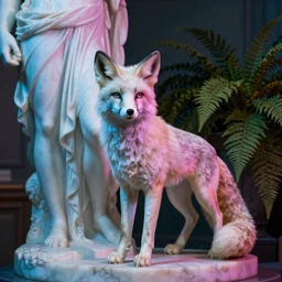 fox, greek sculpture, marble, cinematic photo, volumetric lighting, pink and blue lighting, ferns in background