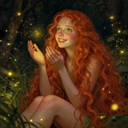 infp girl, smiling, amazed by the lights of golden fireflies, sitting in the midst of nature fully covered, long loose red hair, intricate linework, dreamy green eyes, small nose with freckles, oval shape face, realistic, expressive emotions, dramatic lights, spiritual scene, hyper realistic ultrafine digital art by james jean and albert bierstadt and artgerm