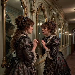 a beautiful victorian woman is frightened by her doppleganger in a mirror. she is in a long hallway of mirrors. elegant design, haunting atmosphere, dimly lit, gothic, horror style, by greg rutkowski, realistic, low angle, 3 / 4 view.