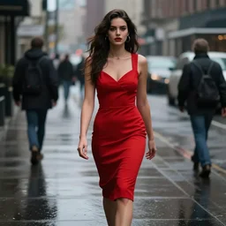 realistic photograph of a beautiful woman in a red dress walking down a rainy city street, highly detailed, noir
