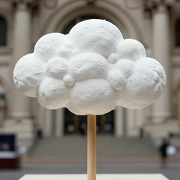 realistic photo of a scientific model of white cloud made of white clay, mounted to a wooden stick, front view 1 9 9 0, life magazine reportage photo, metropolitan museum photo