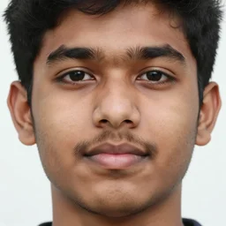 close - up portrait photograph of a large teenage indian male with black eyes, a big mouth, chubby facial features, a messy stubble and thin moustache, and short touselled black hair, highly detailed, anatomically correct features,