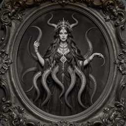 cthulhu priestess beautiful woman with tentacles for hair wearing occult jewelry. daugerreotype of cthulhu high priestess. ambrotype of occult priestess. tintype of a beautiful woman. priestess of dagon. cursed priestess. daugerreotype. baroque frame. cursed priestess of dagon. woman with tentacles. daguerreotype