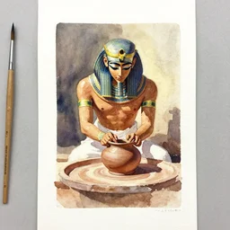small centered on watercolor paper, paint brush strokes, abstract watercolor painting of ancient egyptian potter, pottery, clay work, cinematic light, national romanticism by hans dahl, by jesper ejsing, by anders zorn, by greg rutkowski, by greg manchess, by tyler edlin