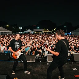 photo of a rock band playing in a crowded stadium