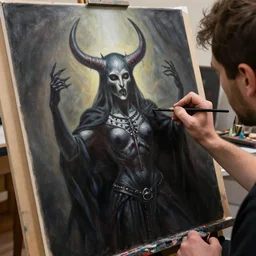 a photo of a artist drawing an satanic ritual on canvas with oil paint, ultra realistic, highly - detailed
