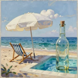 sea, beach umbrella, beach chair cloud, swimming pool, glass bottle, oil painting, intricate, dreamy aesthetic, highly detailed, octane render, unreal engine 5, by danton fadeev