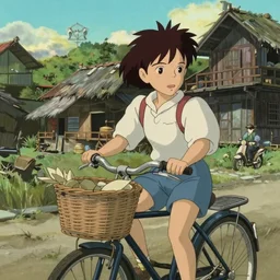 a young girl riding a bike with a basket in a small town, 1970s philippines, art by hayao miyazaki, studio ghibli film, hi res, 4k, perfect face