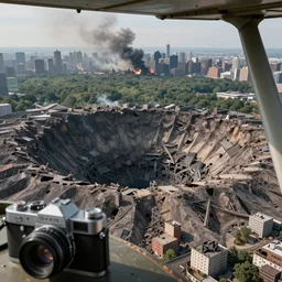 a large nuclear crater in manhattan, a destroyed forest is in the distance, there is smoking coming from the city, taken from a plane, realistic, taken on a ww 2 camera.