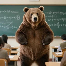 oversized grizzly bear confused in calculus class, photograph