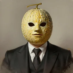 a man wearing a melon mask and formal suit, digital painting, highly detailed, by rutkovski, beksinski, durer