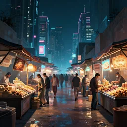 an atmospheric lighting illustration of a food market in a cyberpunk jeddah city balad at night in neon lights by john alvin render octane cyberpunk glowing particles