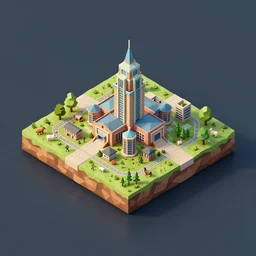 isometric square 3d Render of island with big building on the center, island is on the center of an image, on the island there is city with animals, no background, medium poly, blender cycles render