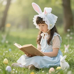 a peaceful easter, girl in bonnet with book
