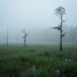artistic swamp with mystic fog, vegetation, few trees