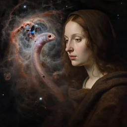 a closeup portrait of a cloaked woman floating next to an eel nebula, eel nebula, by jan van eyck