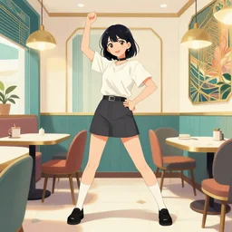 ( ( dither ) ), editorial illustration portrait of miona hori posing inside a cafe interior, dynamic pose, modern art deco, colorful, ( ( mads berg ) ), christopher balaskas, victo ngai, rich grainy texture, detailed, dynamic composition, wide angle, moebius, matte print, wood block print