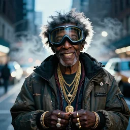 far shot of 1 0 0 year old black man wearing ski goggles, he has a mischievous grin and a tattered moncler jacket and a variety of golden necklaces, bracelets, and rings. his hair is wild and unkempt. cold color temperature, new york city streets at night, steam rising from the streets, backlit,