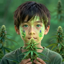 kid with green purple flowers of marijuana hemp cannabis, behance hd by jesper ejsing, by rhads, makoto shinkai and lois van baarle, ilya kuvshinov, rossdraws global illumination, golden ratio, symmetrical beauty face