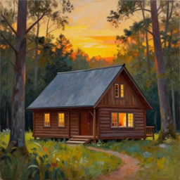 A majestic cabin in the woods at sunset Acrylic Painting, Detailed, Volumetric Lighting, Matte Finish