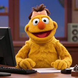 ultra realistic photo of Michael Scott as a Muppet at his desk