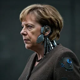 a rugged angela merkel with cybernetic enhancements, scifi character portrait by greg rutkowski, esuthio, craig mullins, 1 / 4 headshot, cinematic lighting, dystopian scifi gear, gloomy, profile picture, mechanical, half robot, implants, steampunk