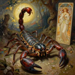 hyper realistic painting of the scorpion laughter in the style of wayne barlowe, gustav moreau, goward, gaston bussiere and roberto ferri, santiago caruso, and austin osman spare, bouguereau, alphonse mucha, saturno butto. occult art