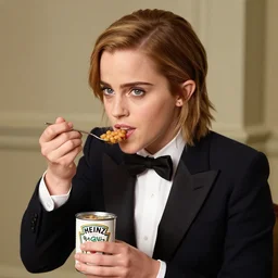 emma watson wearing a tuxedo eating a can of heinz beans with a spoon photo hyper - real