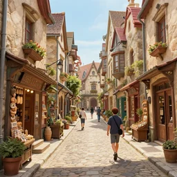 a busy fantasy street within a fascinating old city, quirky shops, narrow streets, old buildings, cobblestones on the ground, stone steps, street life, by Sylvain Sarrailh, single street,  cinematic, simple but effective composition, clean lines, beautiful digital painting, oil painting, detailed,  dungeons and dragons, lord of the rings